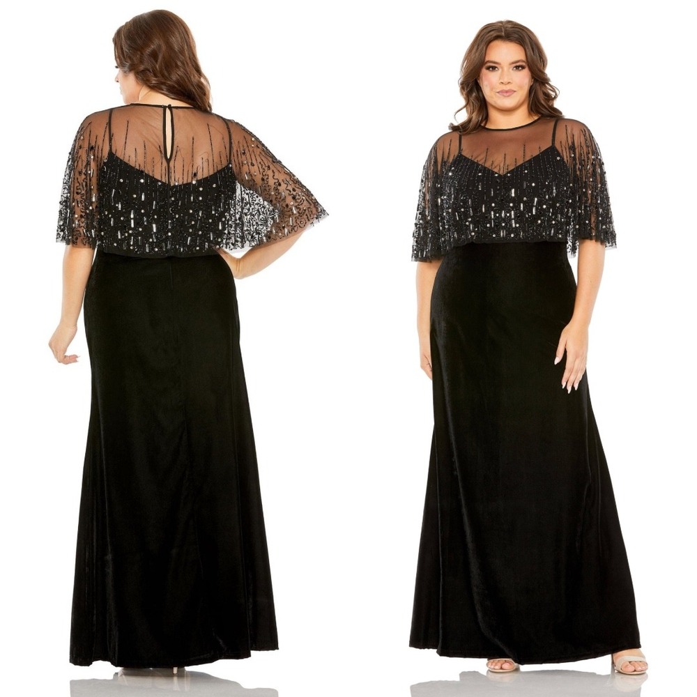 Mac Duggal Black Velvet Dress with Sequin Cape